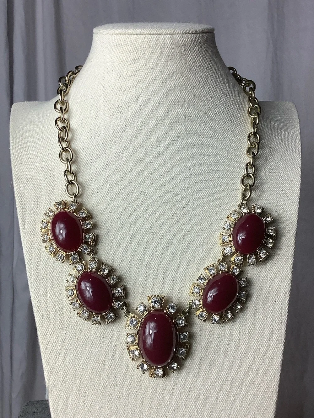 Talbots Gold-Tone Necklace with Deep Burgundy Cabochons and Crystal Accents